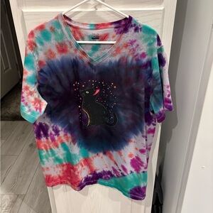 Colorful Tie-Dye Cat Graphic Women’s V Neck T Shirt